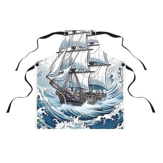 Colorful sailing ship apron with beautiful flowers and vibrant ocean waves. Unique sailor's gift for anyone who loves the sea.