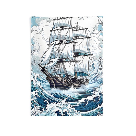 Colorful indoor wall tapestries featuring a sailing vessel navigating through turbulent waters with vibrant flowers surrounding the scene.