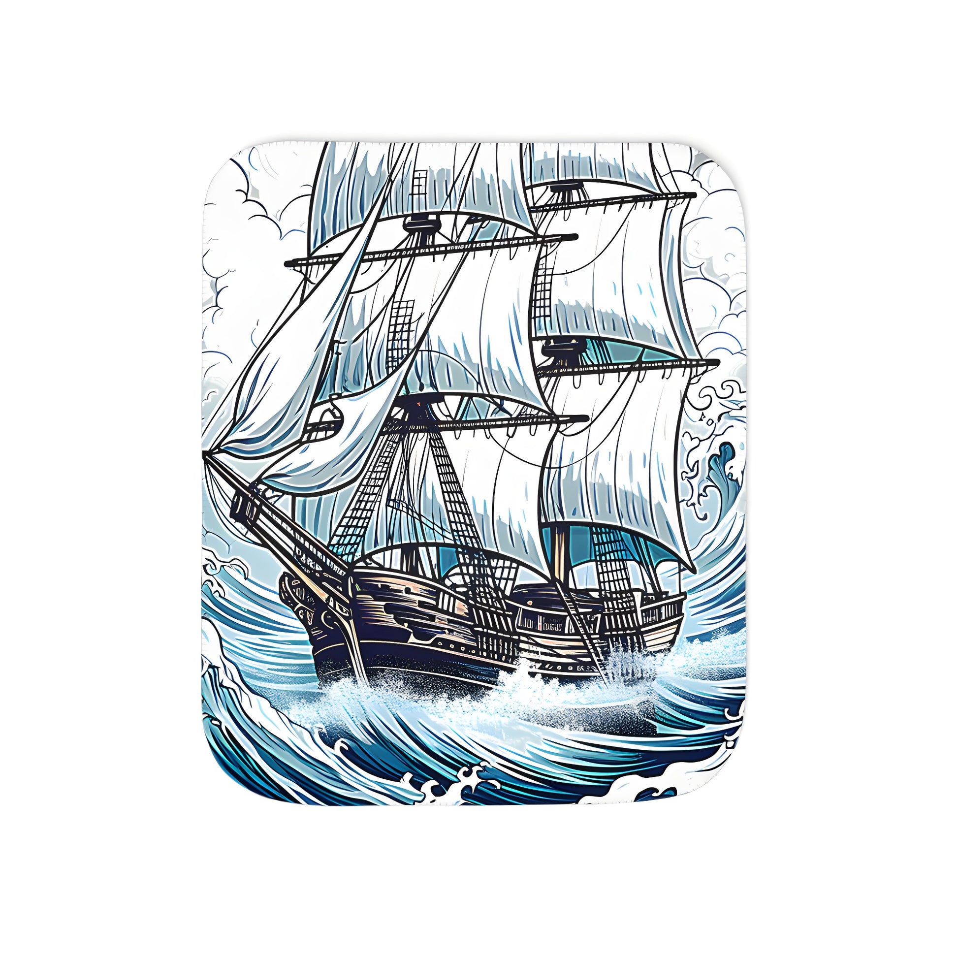 A unique and cozy blanket featuring an inspiring sailboat design navigating through turbulent waves against a dramatic cloudy sky, surrounded by beautiful flowers