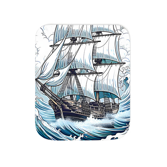 A unique and cozy blanket featuring an inspiring sailboat design navigating through turbulent waves against a dramatic cloudy sky, surrounded by beautiful flowers