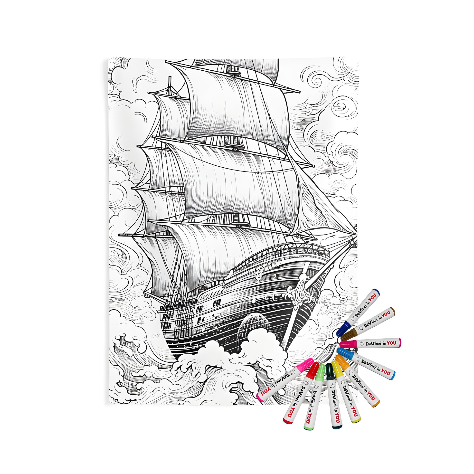 Vibrant coloring kit for indoor wall tapestries featuring a detailed drawing of an old galleon or sailing vessel navigating through turbulent ocean waves under a cloudy sky