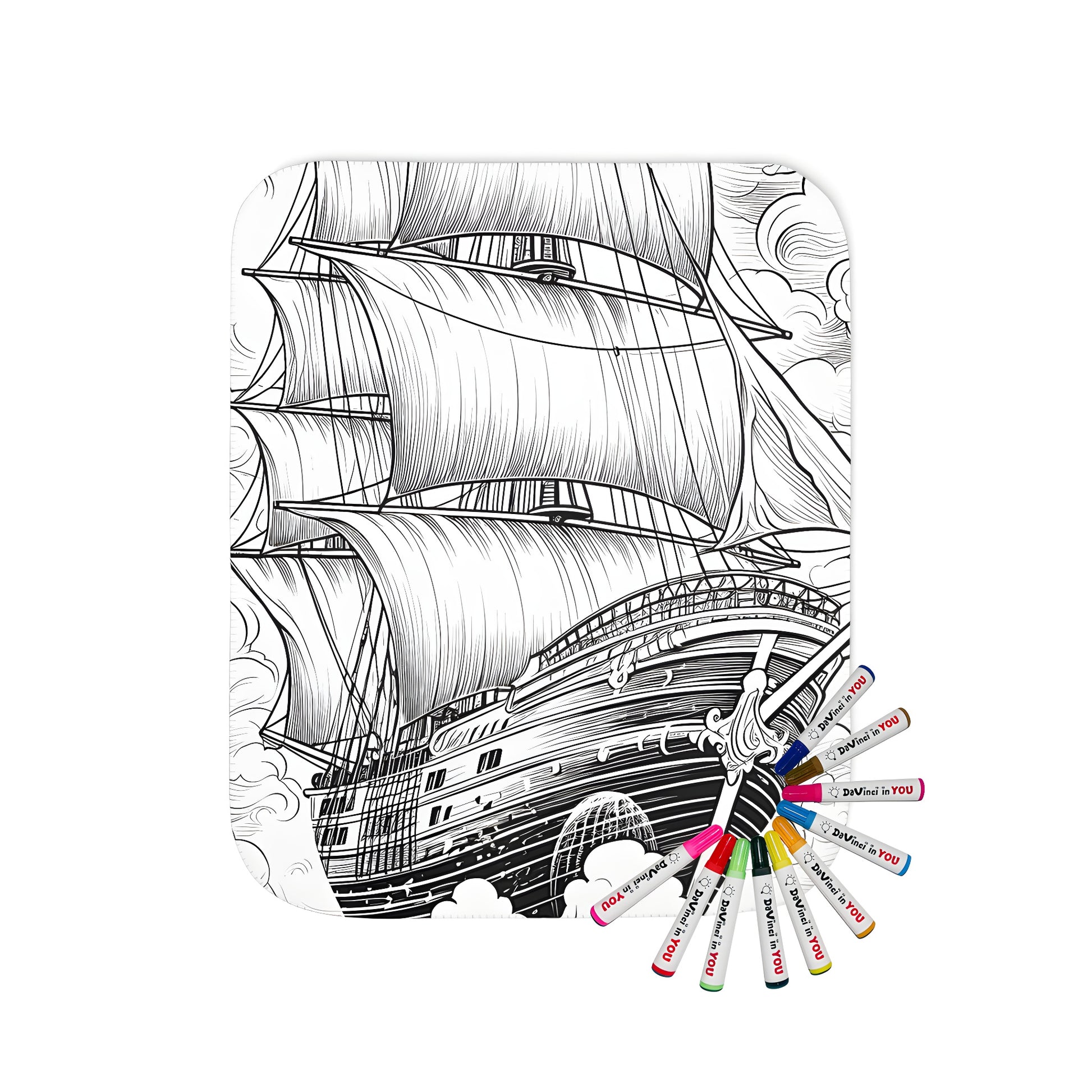 Cozy blanket featuring an old sailing ship design with intricate details, perfect for adults and kids alike