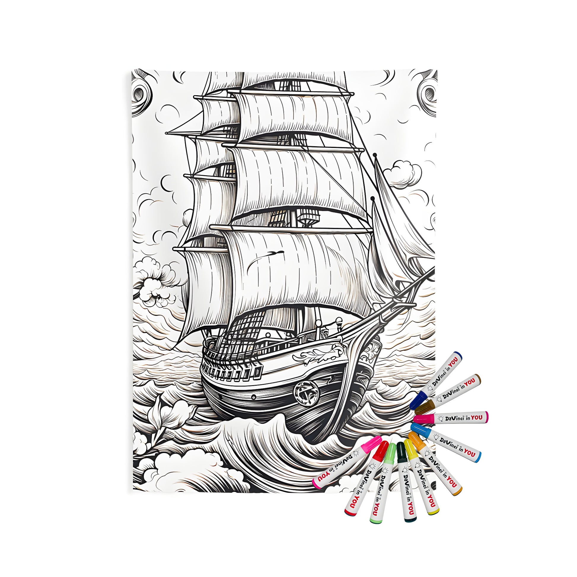 Indoor wall tapestry with sailing ship illustration, boat art, and nautical decor. Perfect for home or office