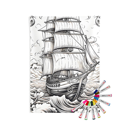 Indoor wall tapestry with sailing ship illustration, boat art, and nautical decor. Perfect for home or office