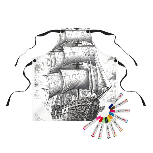 Coloring apron featuring a highly detailed drawing of a tall ship sailing through the ocean under a cloudy sky