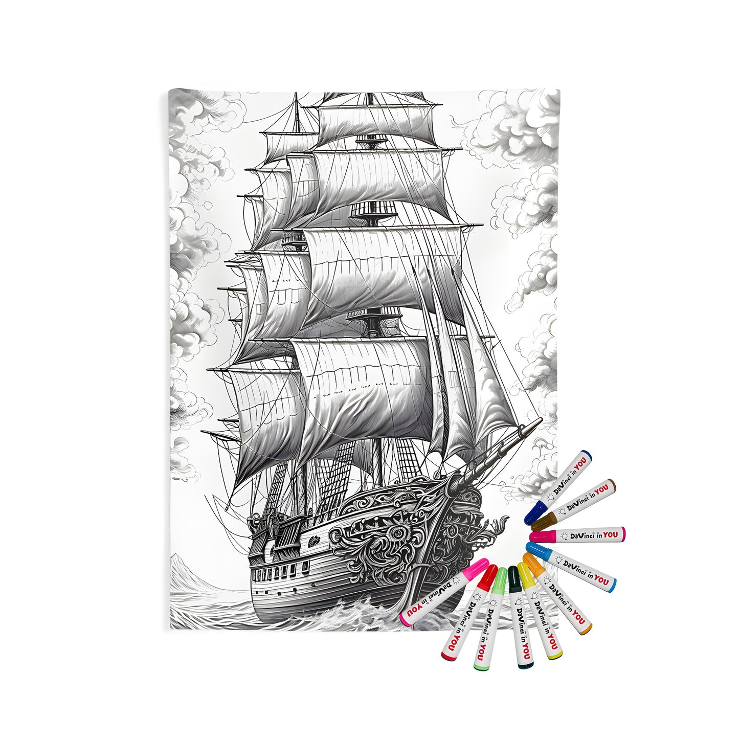 Indoor wall tapestry featuring a highly detailed tall sailing ship with full sails and a cloudy sky