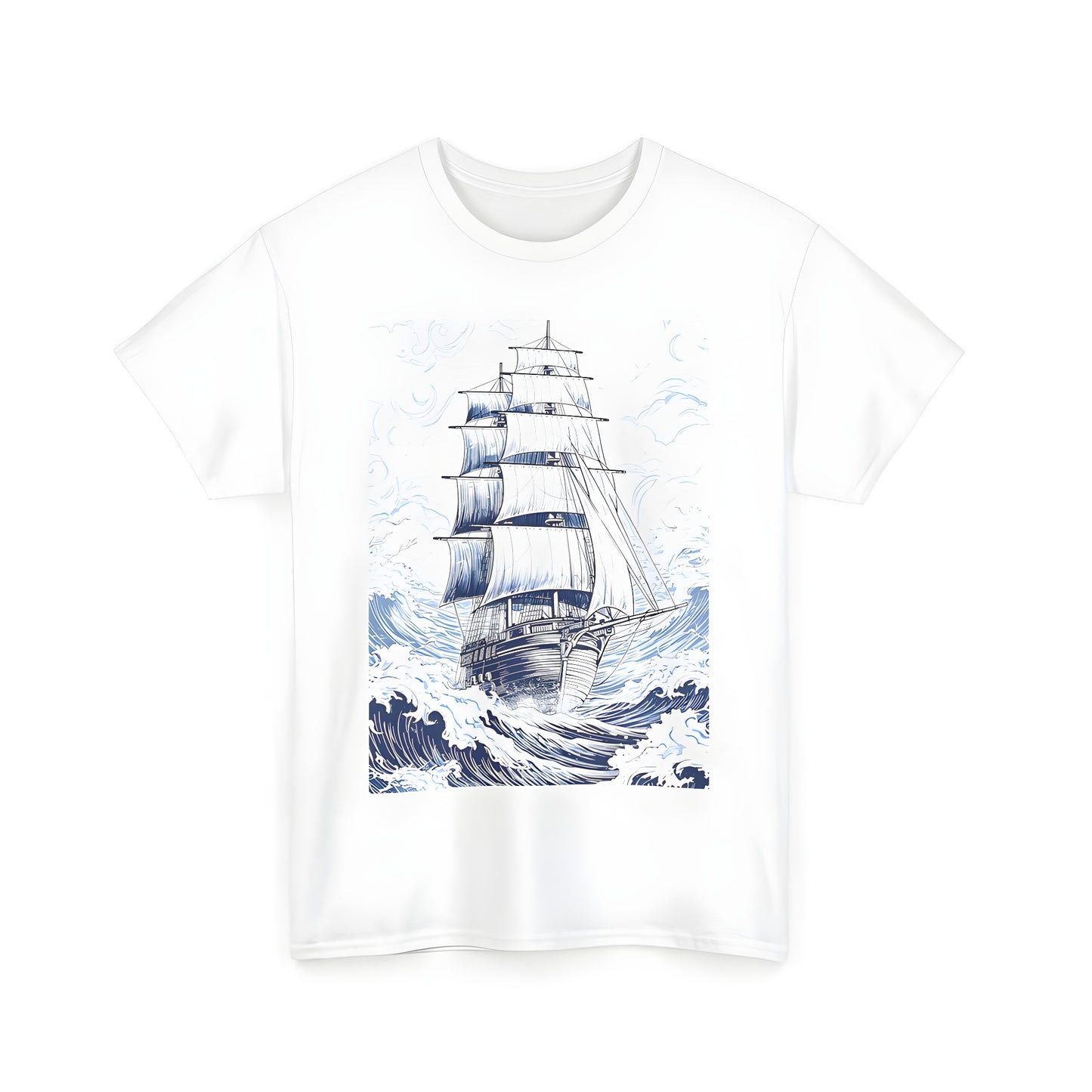 A vibrant illustration of a majestic sailing vessel navigating through tumultuous seas and turbulent skies printed on a comfortable unisex t-shirt