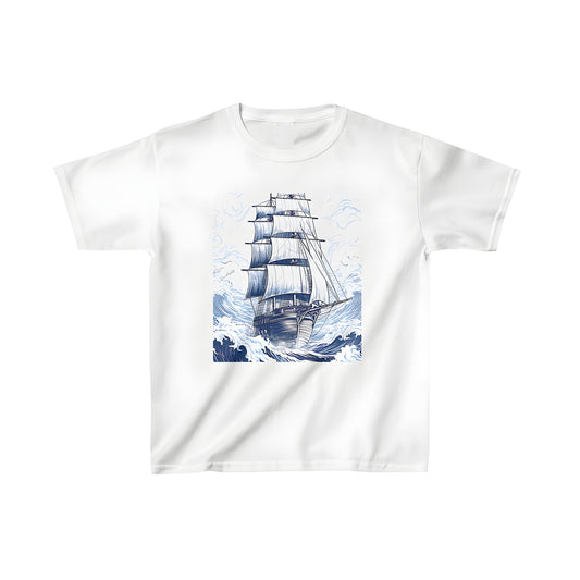 Colorful kids t-shirt featuring a detailed drawing of a boat navigating through turbulent waters under stormy skies