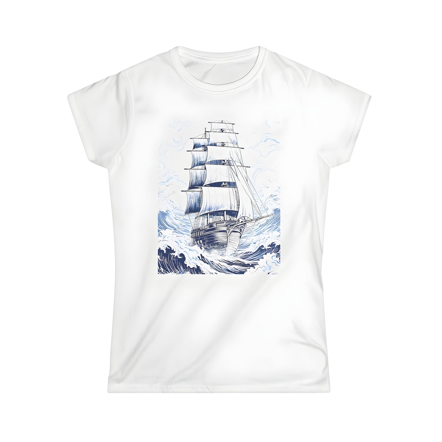 Women's colorful t-shirt featuring an artistic drawing of a ship navigating through turbulent seas