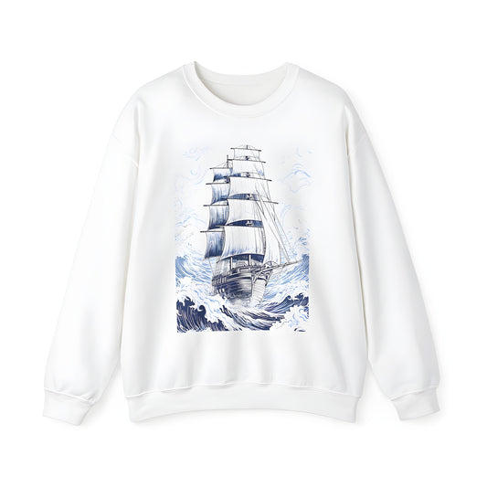 Adult sweatshirt featuring a colorful design of a sailing vessel navigating through stormy seas