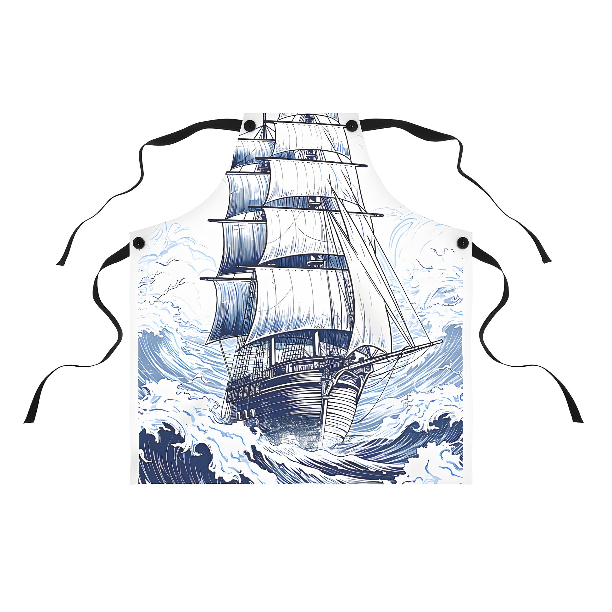 Colorful apron featuring an illustration of a large sailboat navigating through stormy seas under turbulent skies