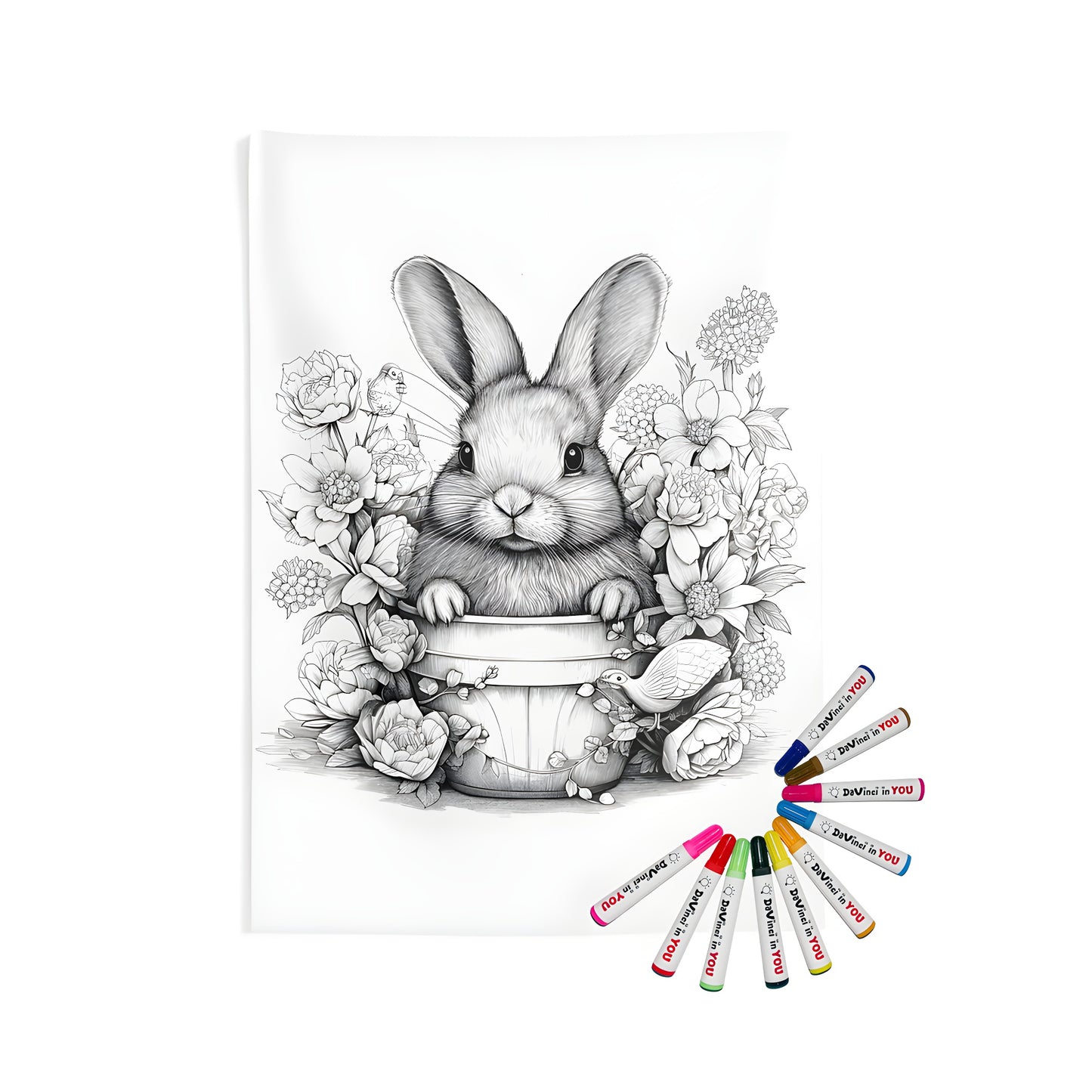 Indoor wall tapestry featuring a detailed black and white sketch of a bunny in a pot surrounded by flowers and a bird. Perfect for nature lovers and fans of whimsical decor