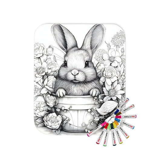 Blanket featuring a detailed illustration of a bunny in a garden setting surrounded by flowers and a bird on a nature-themed background