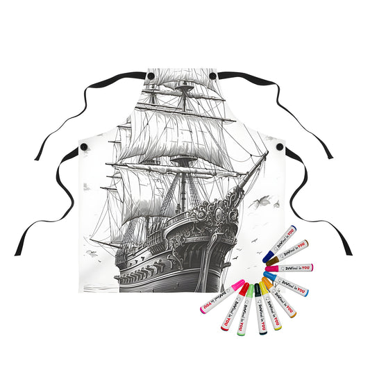 Vibrant Pirate Ship Design Apron for Kids and Adults - Colorful Vintage Sailing Boat Art