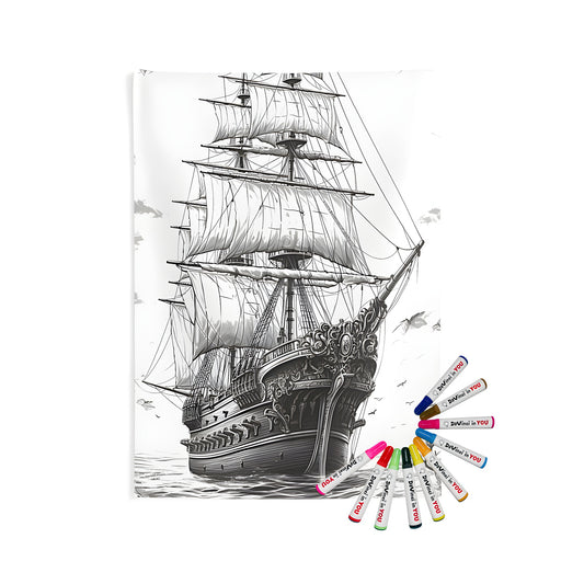 Indoor wall tapestry with a vintage sailing pirate ship design, featuring waves and birds in the sky