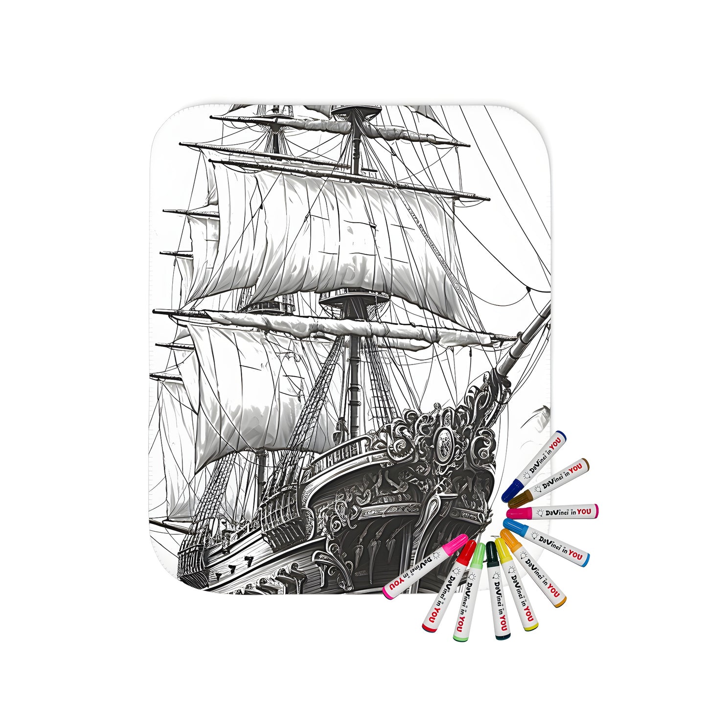 Coloring blanket featuring an old sailing galleon ship on ocean waters with waves and birds flying overhead