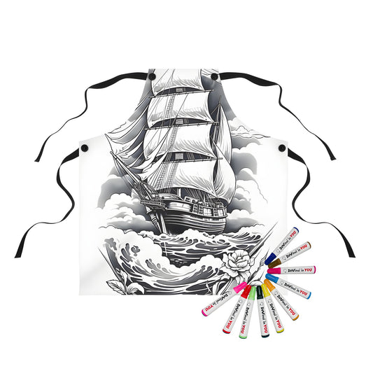 Coloring apron with detailed drawing of a sailboat, ship at sea, cruising through waves under full moon and amidst clouds