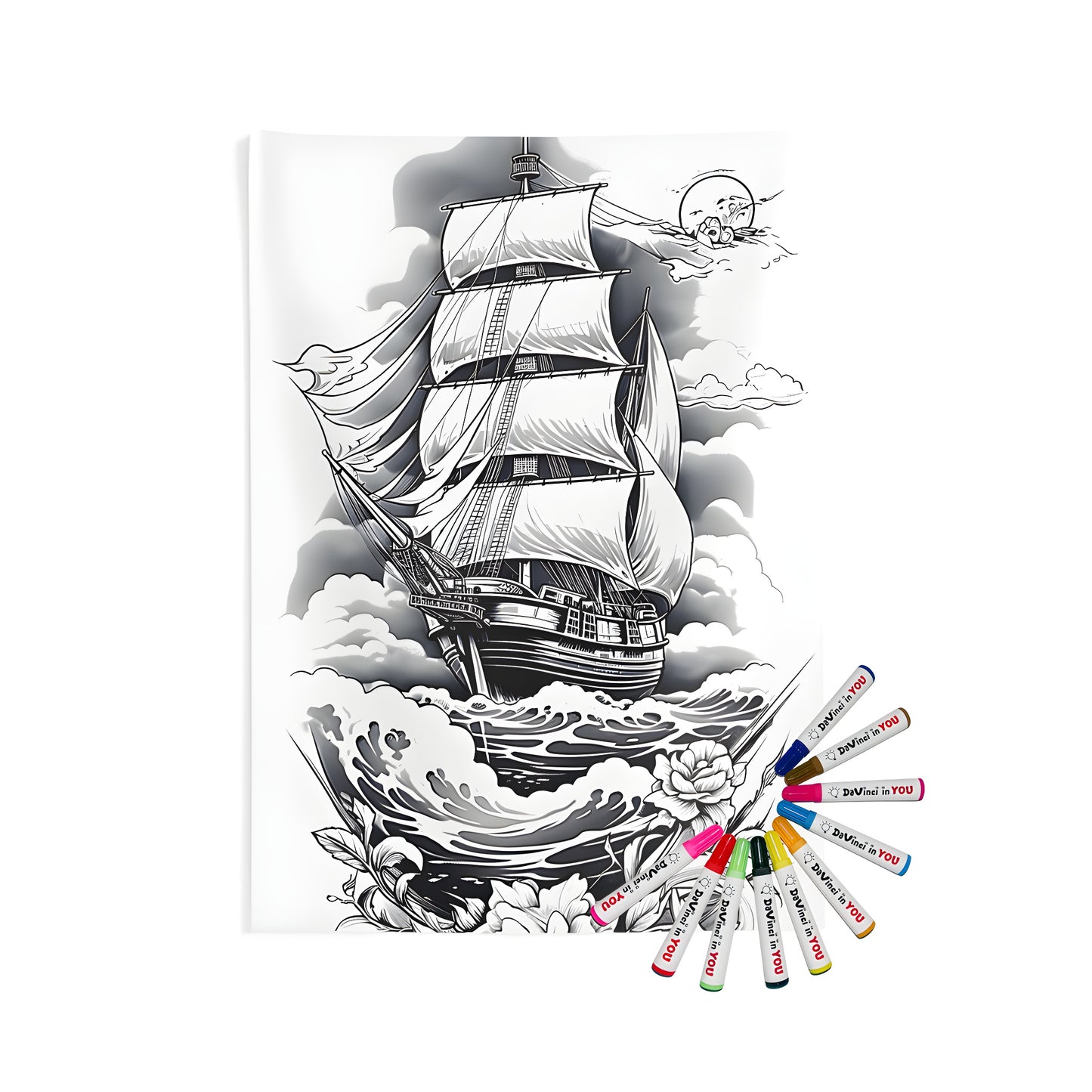 Indoor wall tapestries coloring kit with sailing ship design on sea scene with moon and floral elements