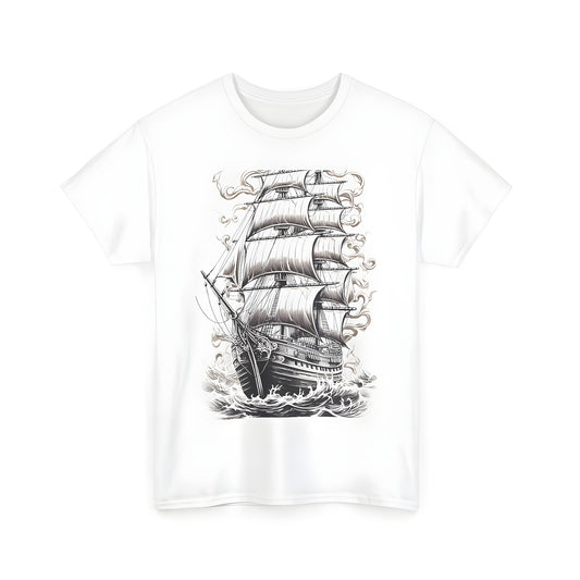 Vintage sailing vessel navigates through calm ocean waters on a Unisex T-shirt featuring a detailed black and white design of billowing sails