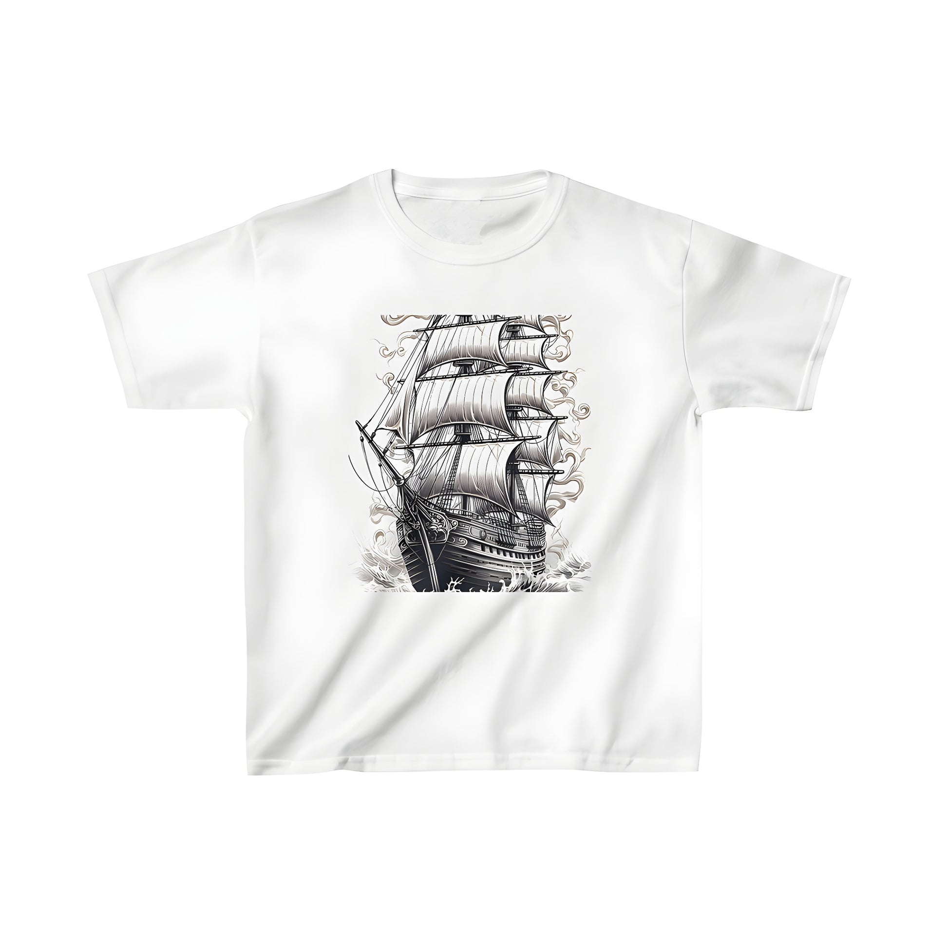 A vibrant kid's t-shirt featuring a detailed vintage sailing ship with billowing sails on the ocean waves, perfect for young adventurers who love the sea and its majestic vessels like tall ships, galleons, or frigates.