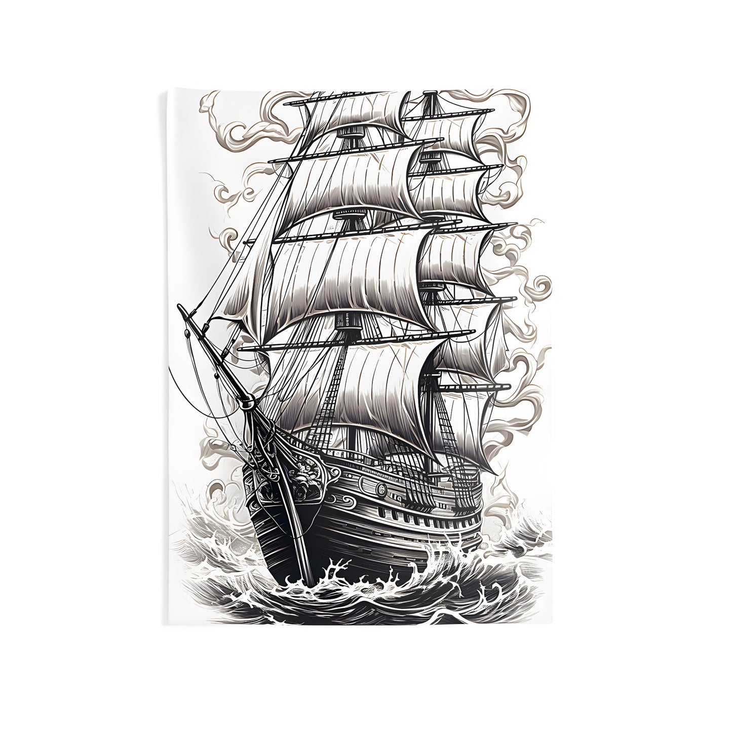 Colorful indoor wall tapestries featuring a detailed vintage sailboat and sailing vessels design