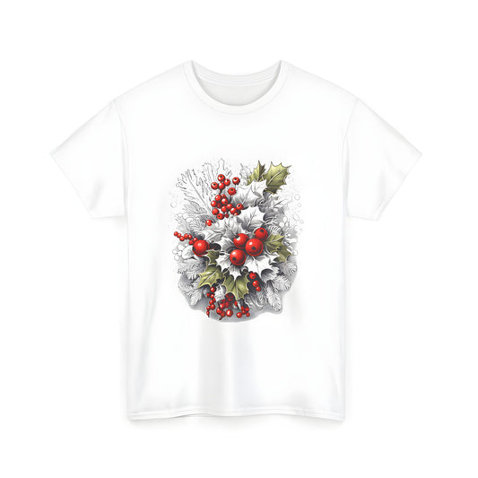 Vibrant festive t-shirt featuring holly leaves and red berries