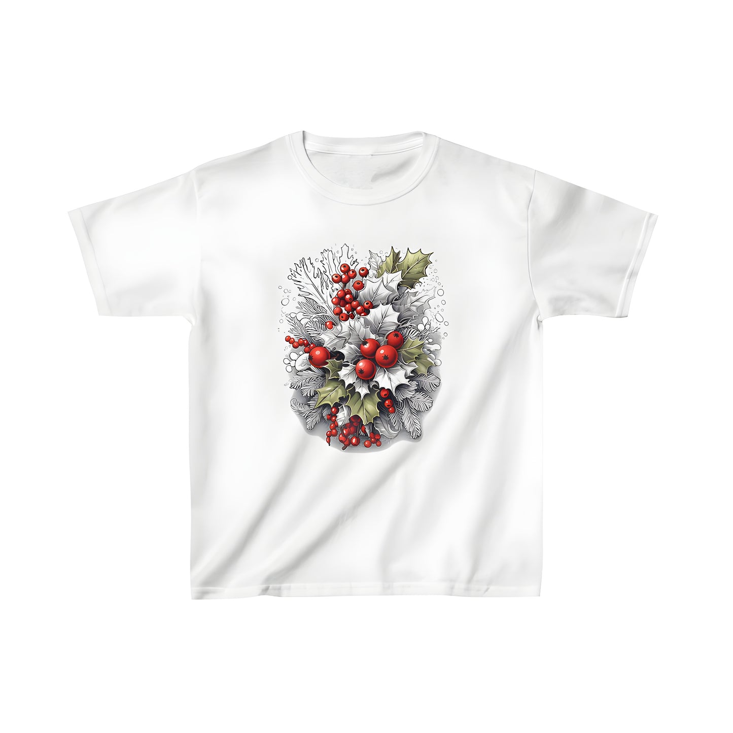 A vibrant holiday t-shirt featuring holly leaves and festive red berries on a colorful background, perfect for kids to celebrate the winter season.