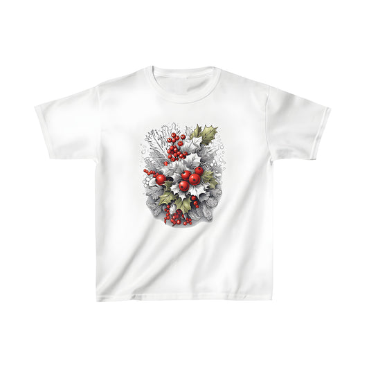 A vibrant holiday t-shirt featuring holly leaves and festive red berries on a colorful background, perfect for kids to celebrate the winter season.