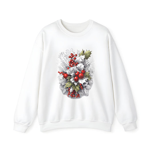 Adult Christmas Sweatshirt with Holly Leaves and Red Berries Design