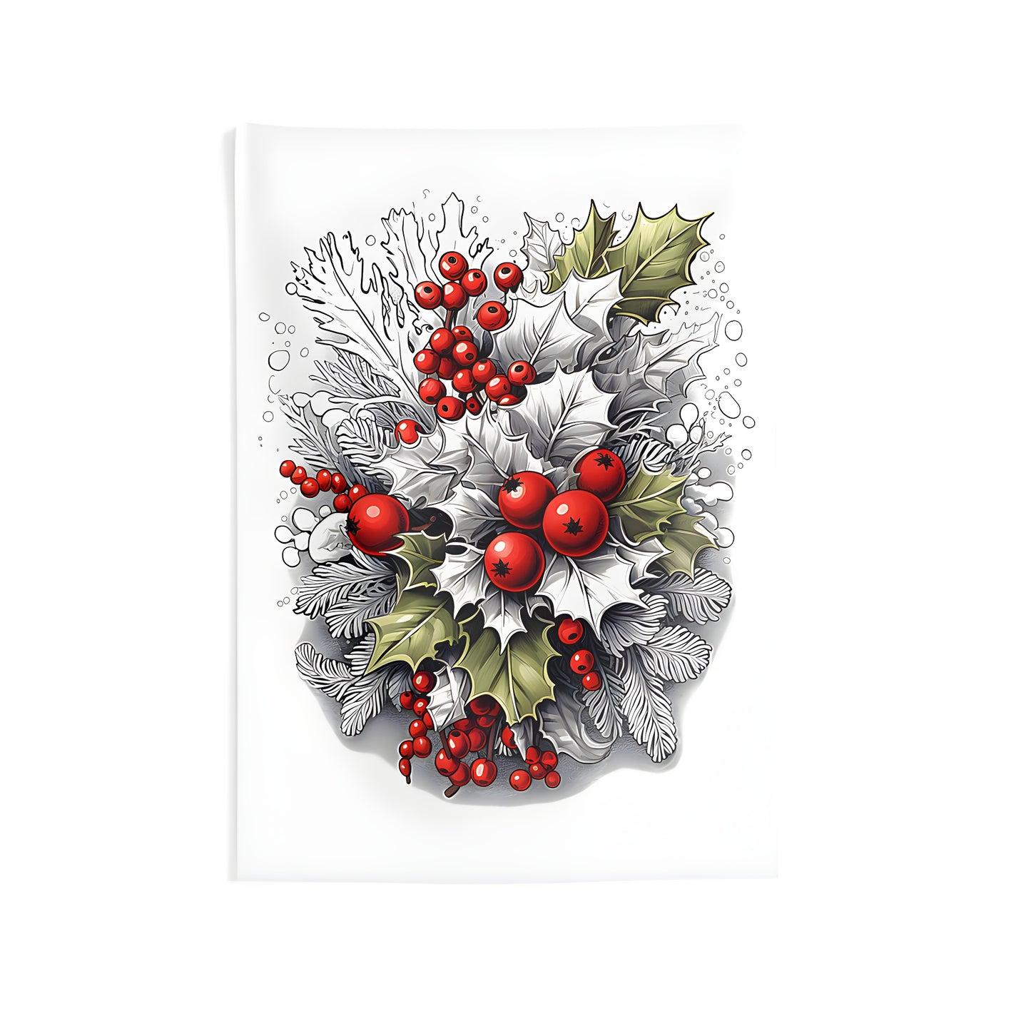 Indoor wall tapestries featuring a festive arrangement of holly leaves and red berries for a vibrant holiday decor