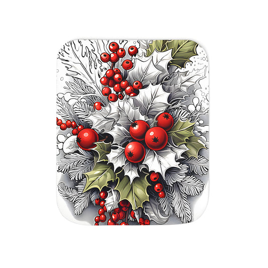 Cozy Christmas blanket with festive holiday decor, featuring holly leaves and red berries