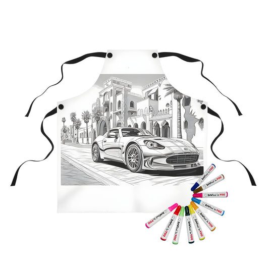 Intricately designed apron featuring an illustration of a sports car parked on a street with grand architectural buildings and palm trees.