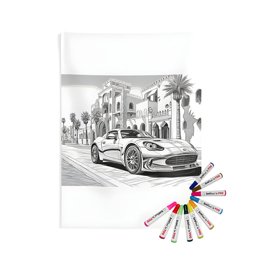 Intricately detailed sports car wall tapestry for home decor, featuring a street scene with grand buildings and palm trees.