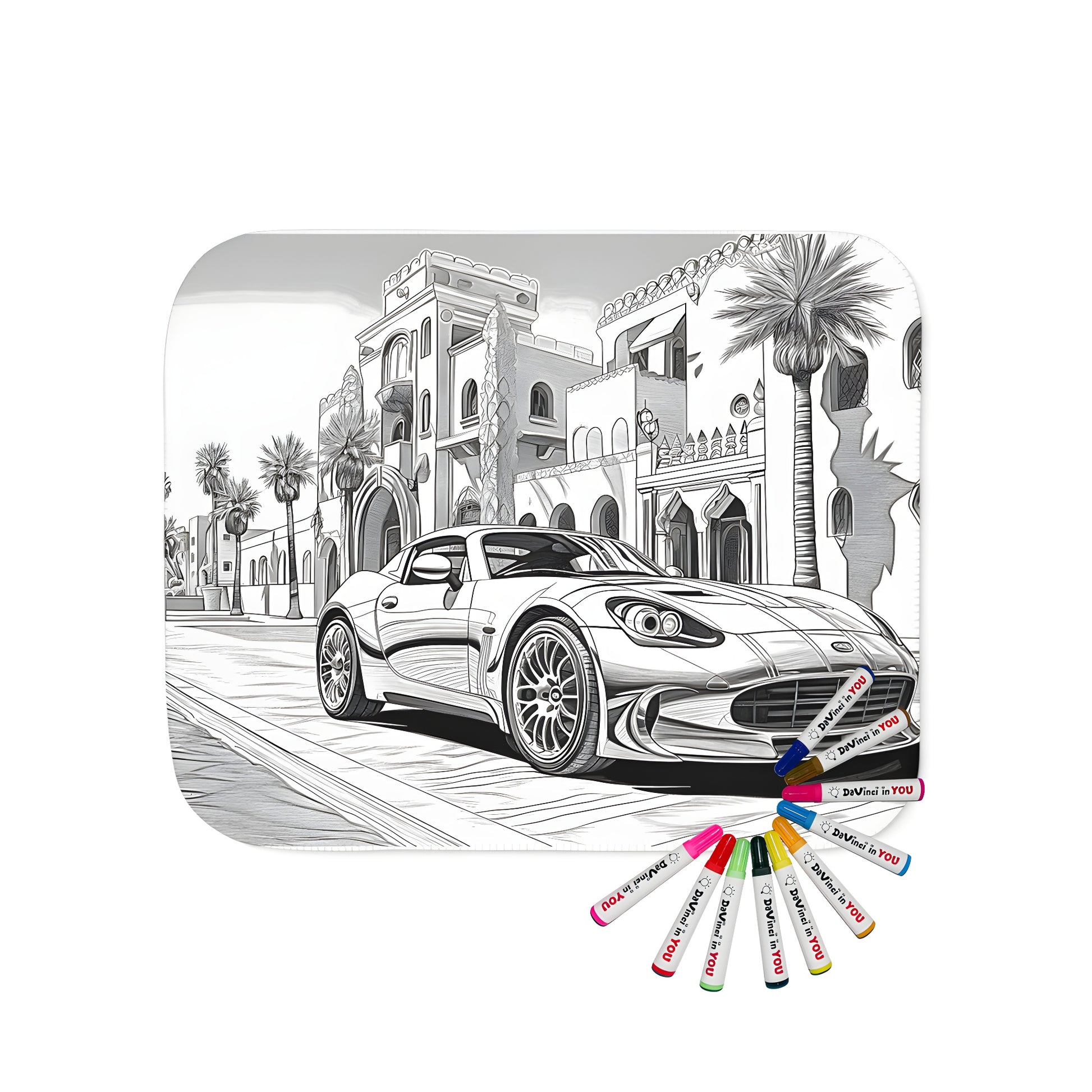 Cozy blanket with vibrant sports car design featuring a car parked on a street lined with grand buildings and palm trees