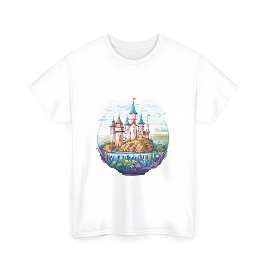 Unisex fantasy t-shirt featuring a colorful castle on a rocky island with water and clouds