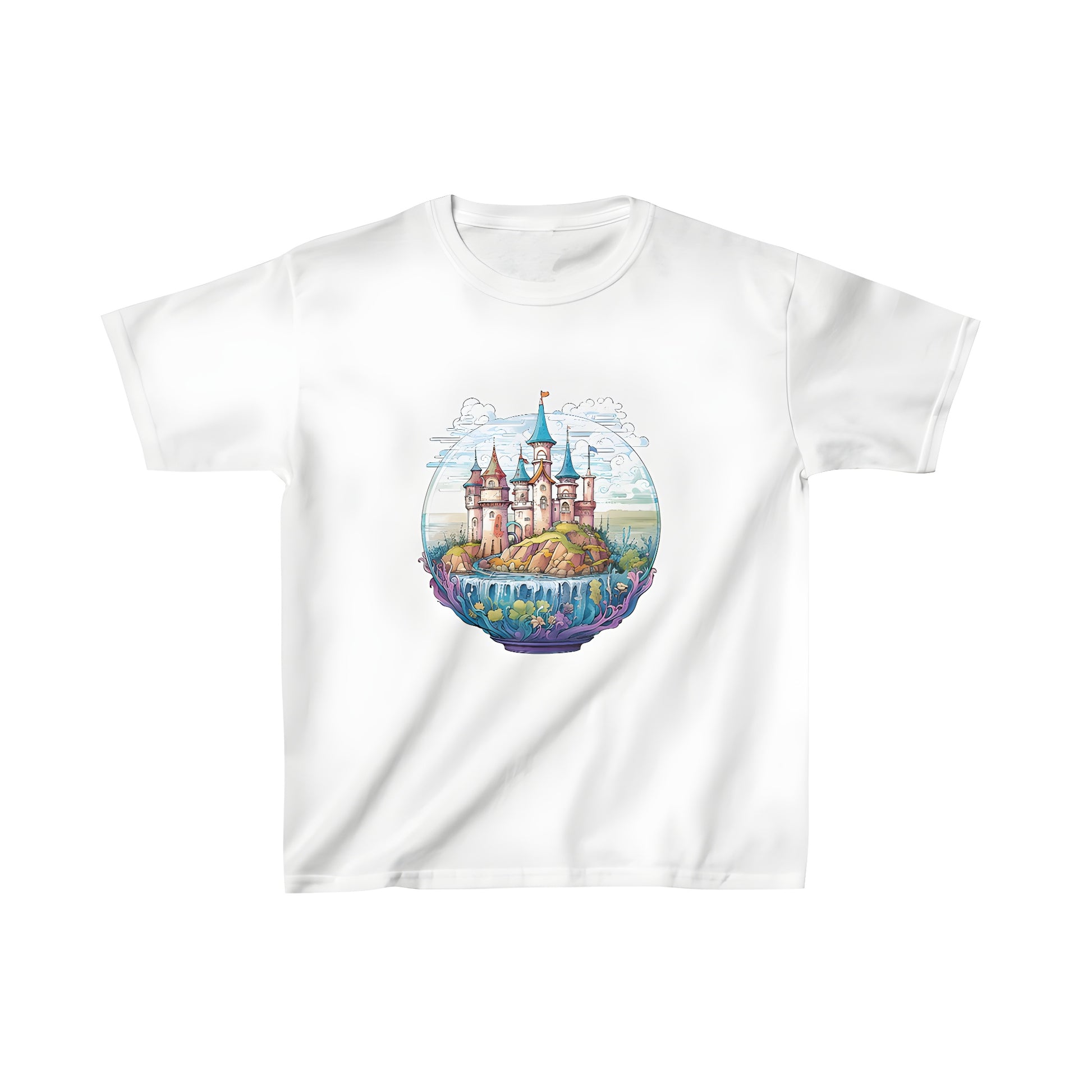 Colorful kids t-shirt featuring an enchanted castle illustration on a rocky island surrounded by water and lush greenery