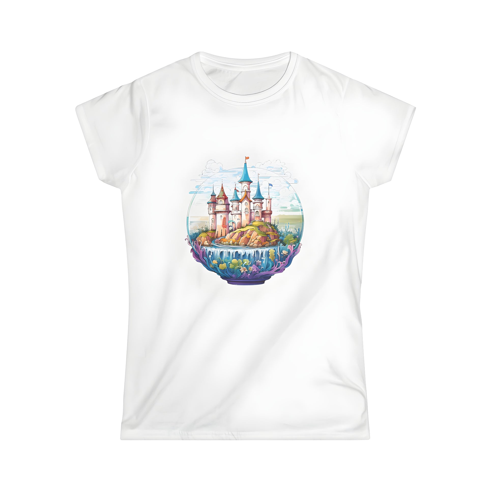 Women's fantasy castle graphic t-shirt featuring a colorful illustration of a mystical fortress on a rocky island surrounded by water and lush greenery.