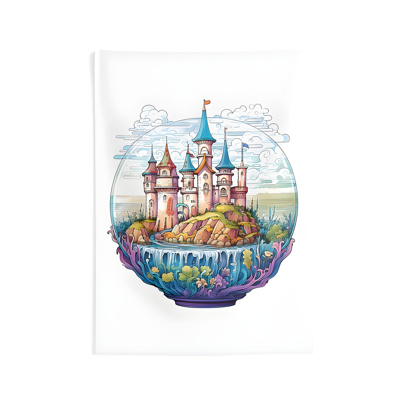 Indoor wall tapestries fantasy castle design, colorful print of medieval architecture on a rocky island