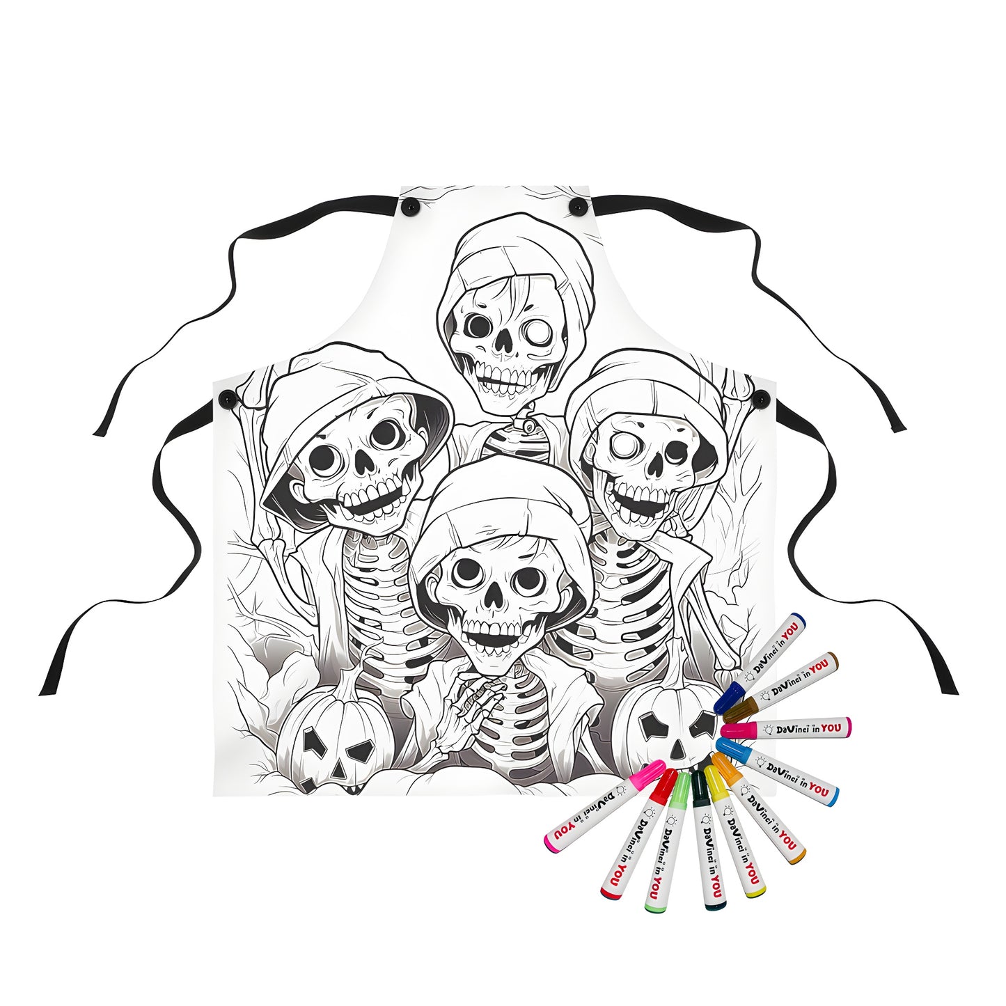 Aprons featuring spooky scenes of hooded skeletons, jack o' lanterns, and other Halloween-themed designs