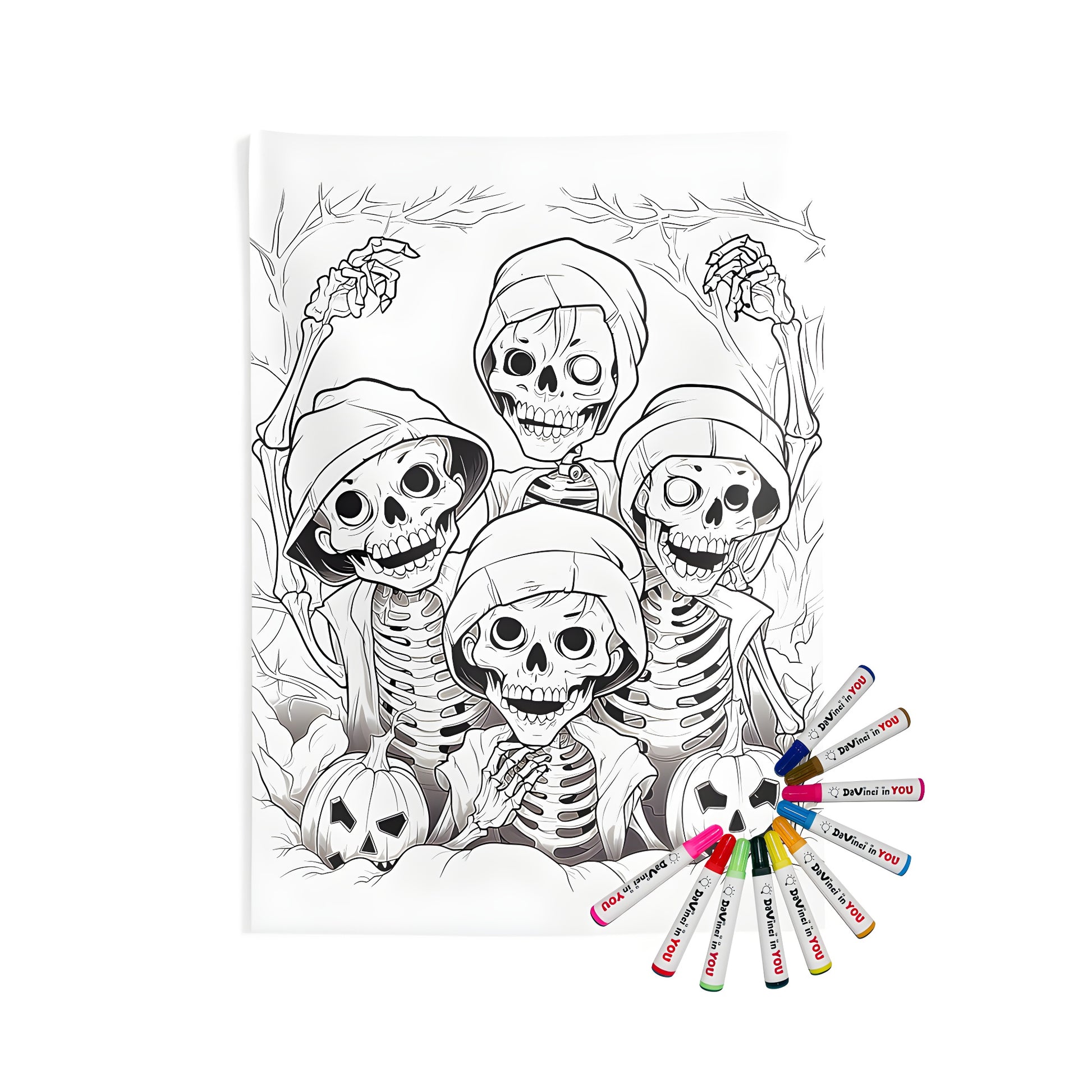 Spooky hooded skeletons and jack-o'-lanterns Indoor Wall Tapestries design, black and white image