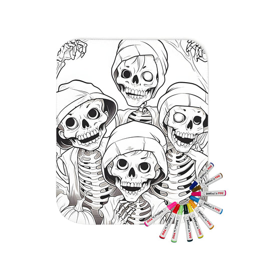 A spooky black and white blanket featuring hooded skeletons surrounded by jack-o'-lanterns, perfect for Halloween enthusiasts