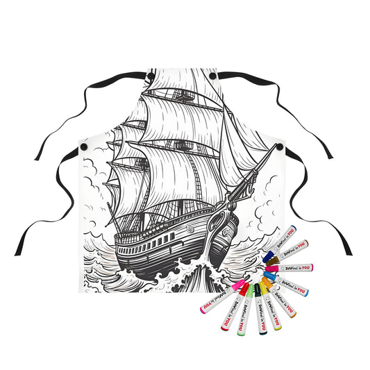 Colorful apron with sailing ship design, perfect for art enthusiasts and pirates at heart