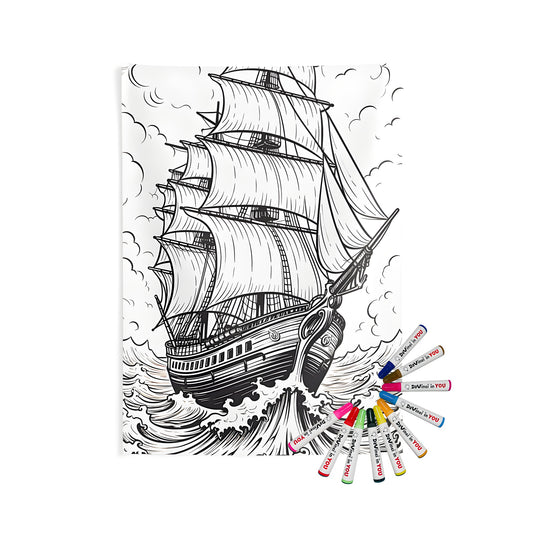 Indoor wall tapestries for adult coloring book enthusiasts featuring a detailed sailing vessel illustration