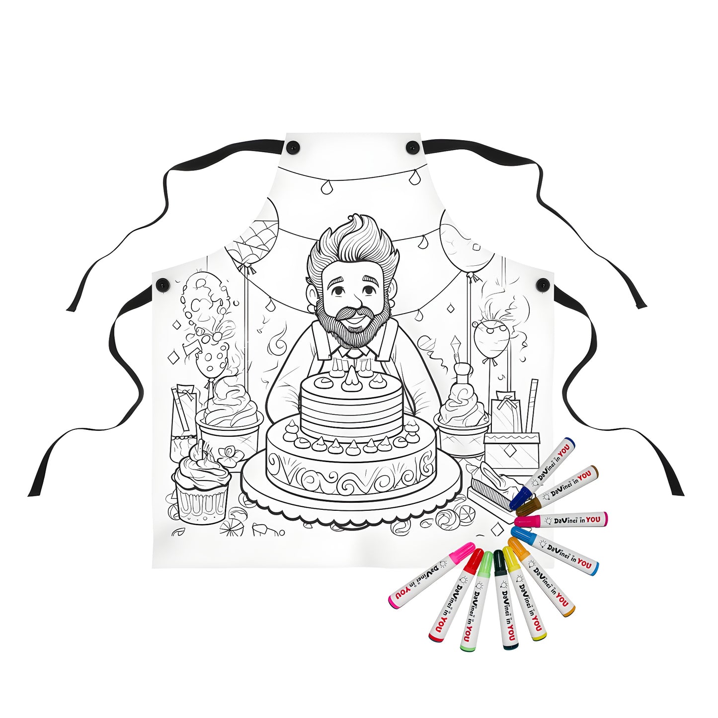 Coloring apron for kids birthday celebration with colorful balloons and decorated cake