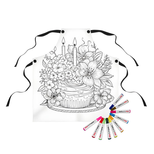 Birthday cake apron with colorful flowers design