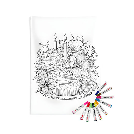 Indoor wall tapestry with birthday cake design and flowers