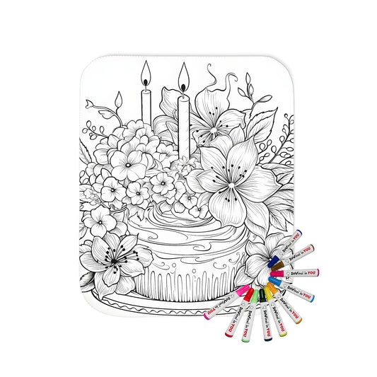 Blanket with detailed black and white outline birthday cake and flower design. Soft fabric blanket featuring a colorful illustration of a birthday cake adorned with flowers