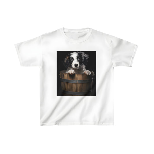 Colorful kid's t-shirt featuring an adorable dog peeking out of a wooden bucket