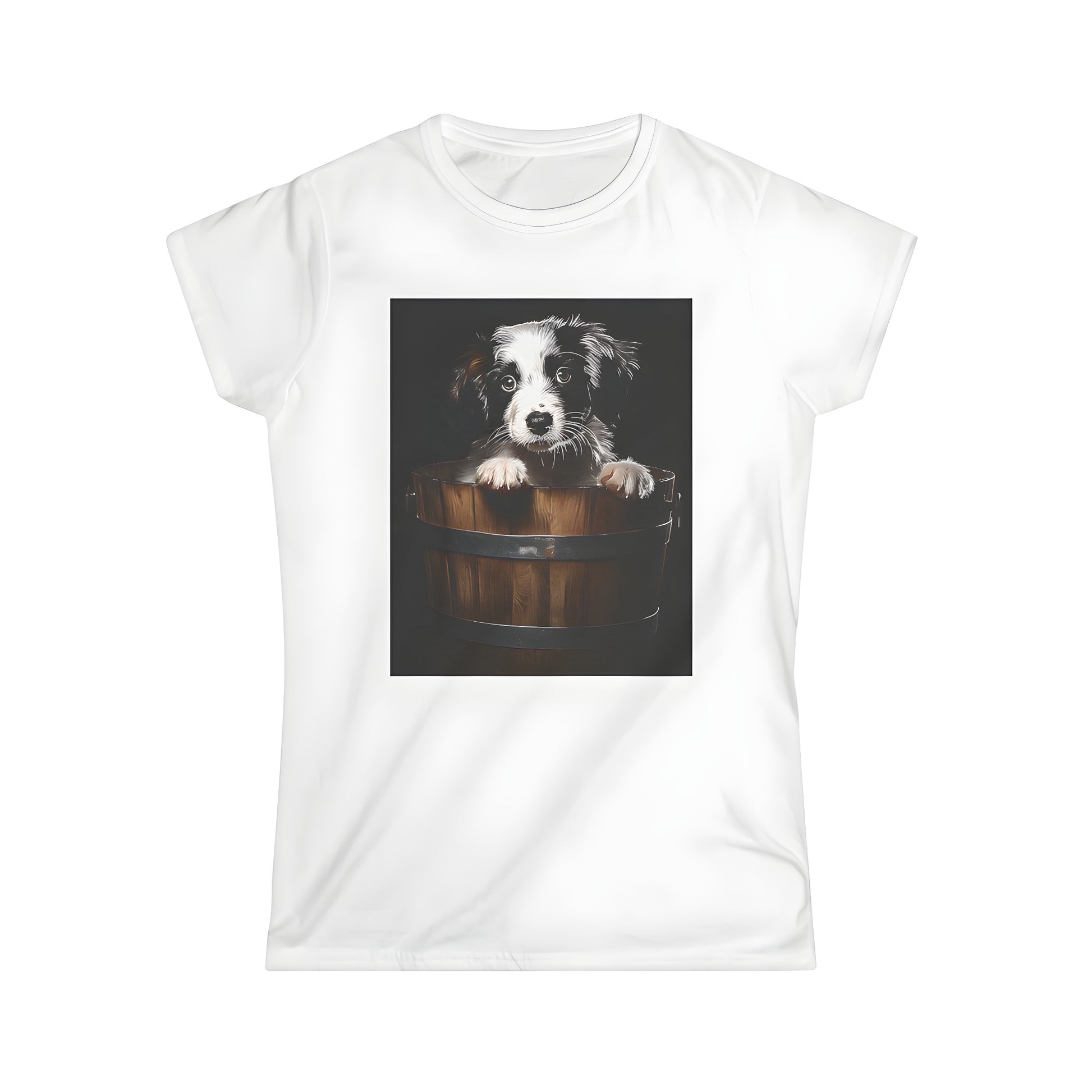 Women's T-shirt featuring an adorable dog peeking out from a wooden bucket design on a black background