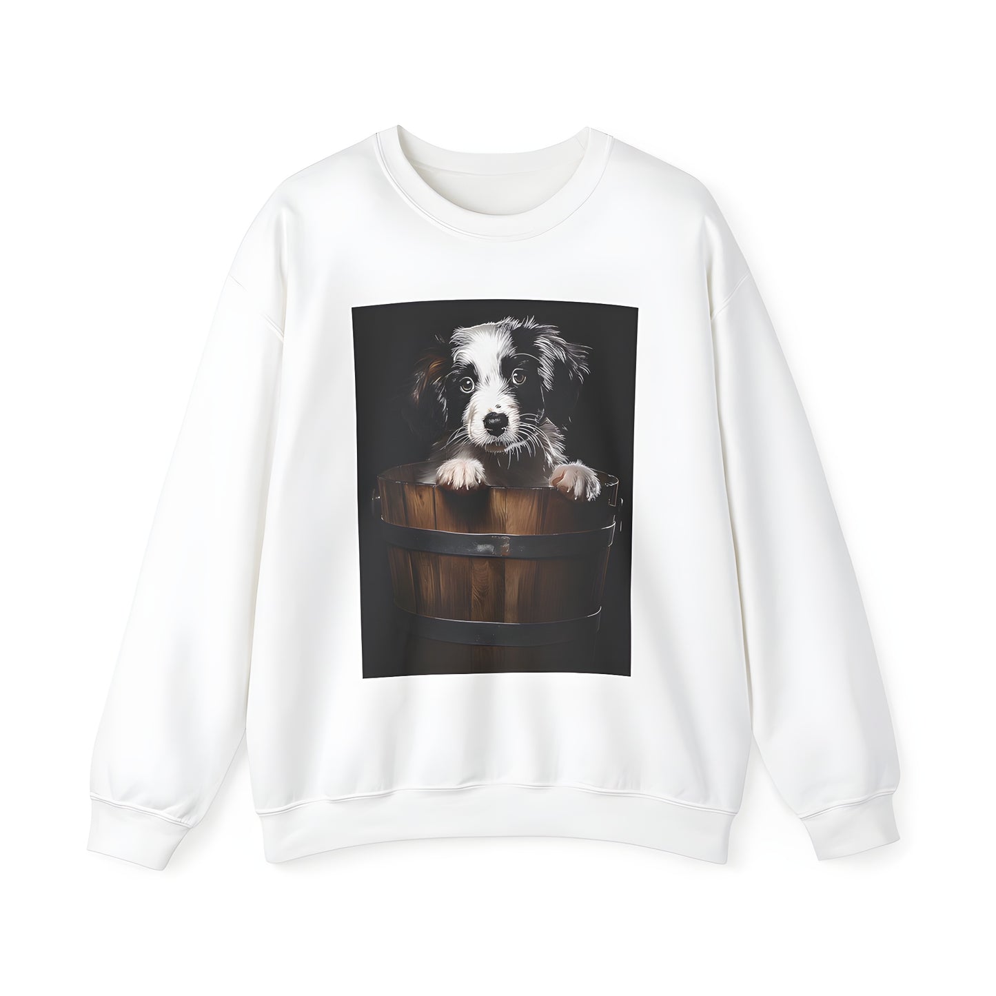 Colorful Adult Sweatshirt featuring an adorable dog peeking from wooden bucket design